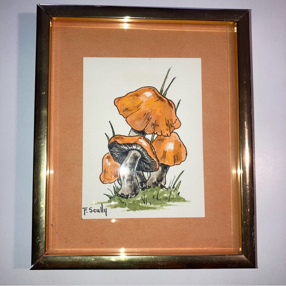 Elegant Orange Mushroom Illustration Gold Frame Scully Artist Painting Kitchen